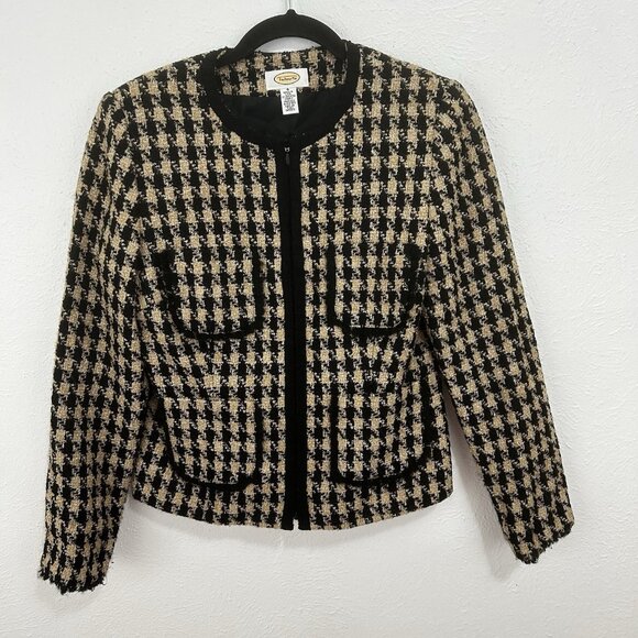 Talbots Houndstooth Tweed Blazer Skirt Set Sz 4 Wool Blend Pockets Zipper Front - Picture 2 of 12